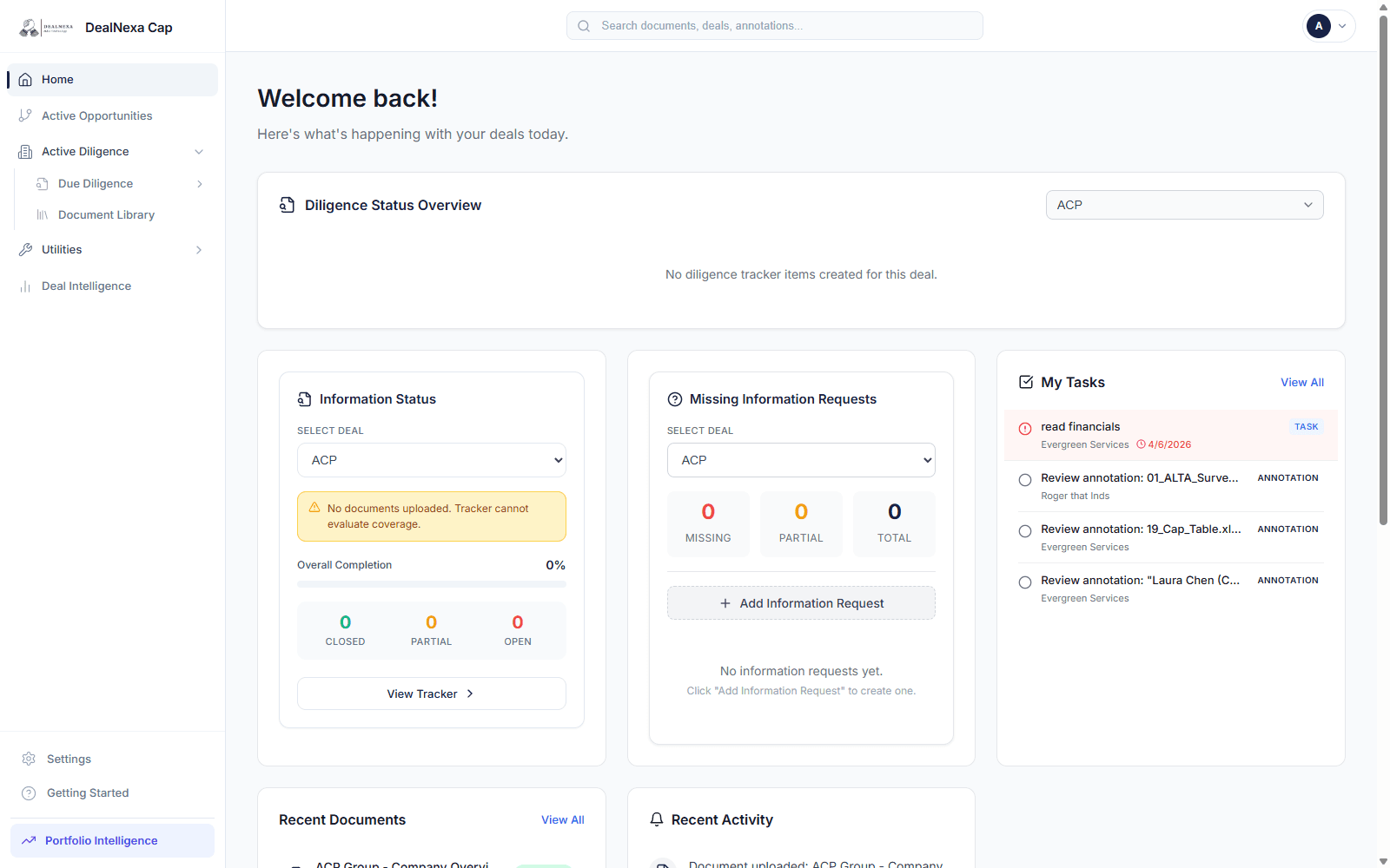 The DealNexa workspace showing diligence status, information requests, tasks, and recent documents in a single dashboard.